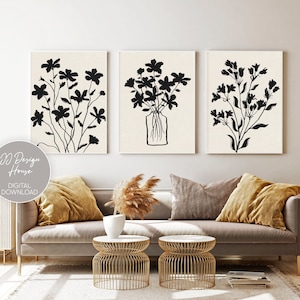 Botanical Print Set of 3, Black Beige Prints, Minimal Botanical Wall Art, 3 Piece Wall Art, Plant Wall Art, Printable Wall Art