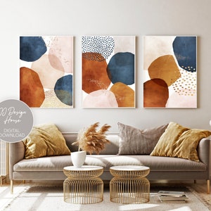 Abstract Wall Art, Watercolor Shapes Printable Wall Art, Navy Pink Beige Set of 3 Prints, Geometric Print Set, Modern Abstract Art