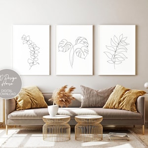 Line Art Plants Set of 3, Leaf Wall Art Prints, Botanical Prints 3 Piece Wall Art Set, Tropical Leaf, Minimalist Decor, Living Room Decor