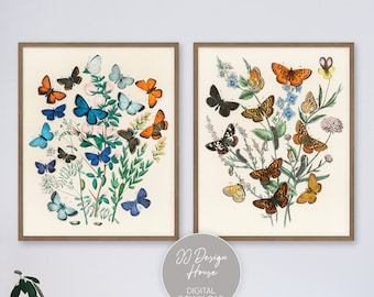 Butterfly Prints Set of 2, Botanical Butterfly Illustrations, Vintage Butterfly Wall Art, Nursery Wall Art, Vintage Flowers, Vintage Sketch