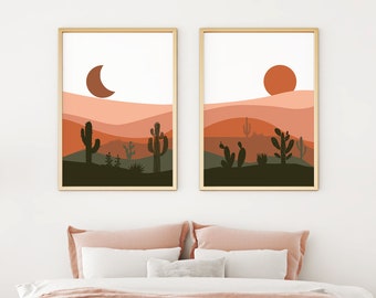 DIGITAL, Bedroom Decor, Sun and Moon, Mid Century Modern Desert Print, Cactus Wall Art, Southwestern Decor, Desert Art, Mountain Print