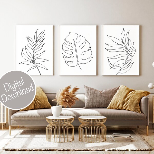 Line Drawing Wall Art, Tropical Leaves Print, Monstera Line Art, Plants Wall Decor, Minimalist Art, Modern Room Decor, Black and White Leaf
