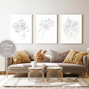 Minimalist Wall Art, Single Line Art Print Women With Flowers, Floral Line Art Set of 3, Line Drawing Gallery Wall, Printable Wall Art