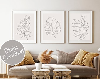 Arte de pared minimalista, Arte de línea vegetal Decoración minimalista, Impresión de hojas, Decoración de pared de plantas botánicas, Decoración de habitación moderna, Arte moderno Arte de pared de 3 piezas