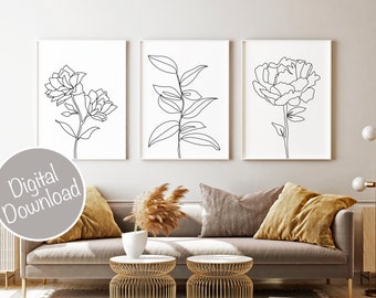 Minimalist Wall Art, Flower Line Art Prints Set of 3, PRINTABLE Black and White Decor, Living Room Decor, Minimal Decor, Flowers Poster