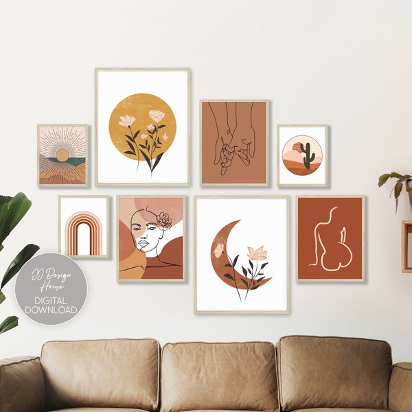 Wall Art Set of 8, Boho Art Print Bundle, Line Art Prints, DIY Wall Decor, Boho Art Set of 5 Prints Bundle, Boho Decor, Abstract Landscape