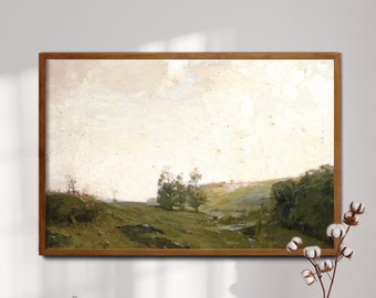 Land landschap schilderij, vintage weide print, vintage natuur print, neutraal landschap schilderij, boerderij muur decor, afdrukbare kunst aan de muur