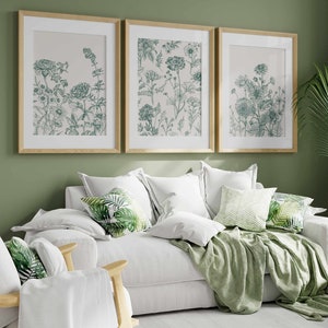 Green Botanical Wall Art Chinoiserie Wall Art, 3 Piece Wall Decor Minimalist Wall Art, Botanical Print Set, Printable Wall Art Digital Art