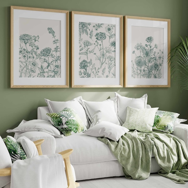 Green Botanical Wall Art Chinoiserie Wall Art, 3 Piece Wall Decor Minimalist Wall Art, Botanical Print Set, Printable Wall Art Digital Art