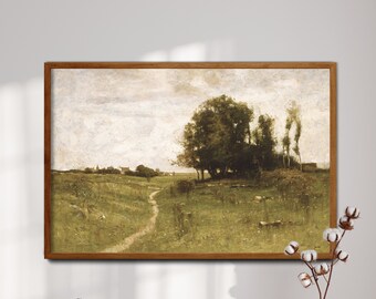 Landschap schilderij rustieke weide print, vintage natuur print neutrale landschap schilderij, boerderij muur decor, afdrukbare muur kunst