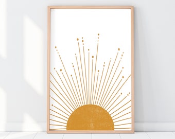 DIGITAL Mid Century Modern Printable Art, Boho Decor Abstract Sun Art Print, Sunburst Neutral Colors Wall Art, Horizon Orange Sun Minimalist