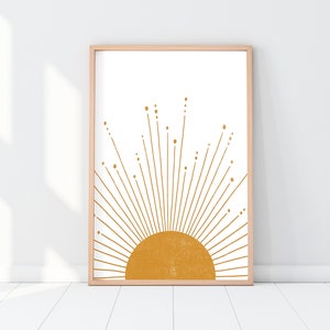 DIGITALE Mid Century moderne druckbare Kunst, Boho Dekor abstrakte Sonne Kunstdruck, Sunburst Neutral Farben Wandkunst, Horizont Orange Sonne minimalistisch