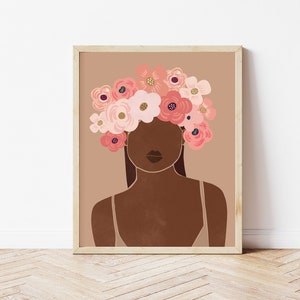 DIGITAL, African American Art, Flower Girl Print, Black Woman Wall Art, Woman Illustration, Black Girl Print, Fashion Print, Floral Art