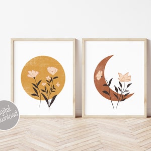 Sun and Moon Wall Art, Flower Art Print Set of 2, Moon Flower Print,  Simple Flower Prints, Minimal Flower Prints, Celestial Sun Printable