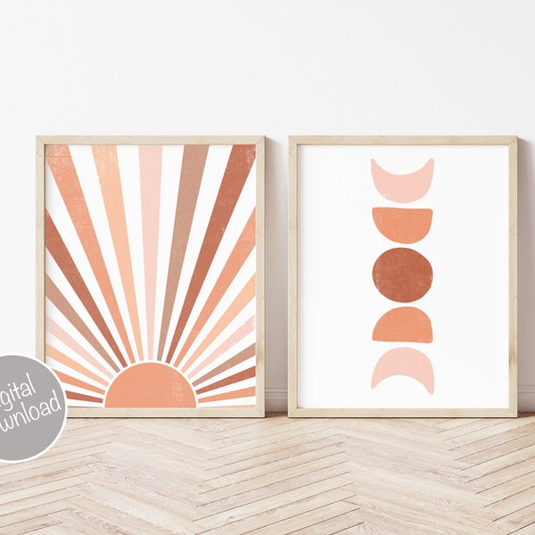 Sonne und Mond Druck Set von 2, Boho Dekor, Midcentury moderne Wandkunst, neutrale Wandkunst, Sonne Wandkunst, Mond Dekor, Schlafzimmer Dekor druckbare Kunst