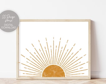 Decoración de pared bohemia, arte de pared minimalista de sol, impresión de sol bohemia, decoración del hogar de sol dorado, moderno de mediados de siglo, póster minimalista de sol amarillo imprimible