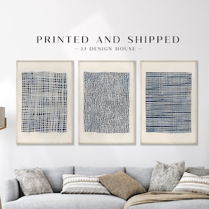 Blue Abstract Wall Art, Printed Wall Art Set of 3 Prints, Navy Blue Wall Art, Living Room Art, Mid Century Art, Contemporary Art