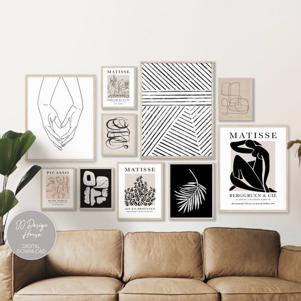 Minimalist Gallery Wall Set of 10 Prints, Black Beige Art Print Bundle, Matisse Poster, Picasso Print, Modern Home Decor, Neutral Wall Art