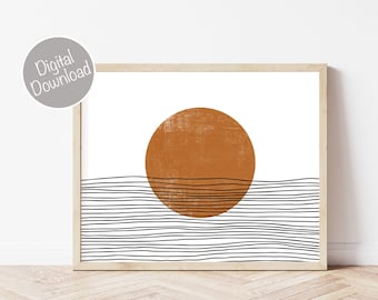 Mid Century Modern Art, Burnt Orange Wall Art, Minimalist Decor, Moon Art Print, Black Orange Art, Modern Sun Ocean Art, Boho Wall Decor