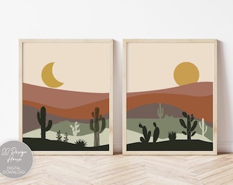 Desert Print Set of 2, Bedroom Decor, Sun and Moon, Mid Century Modern Desert Print, Cactus Wall Art, Southwestern Decor, Desert Art