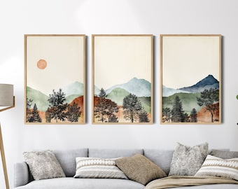 Mountain Art Print Set, Landscape Wall Art, Watercolor Mountain Print, Midcentury Modern Decor, Watercolor Print, Boho Prints, Printable Art