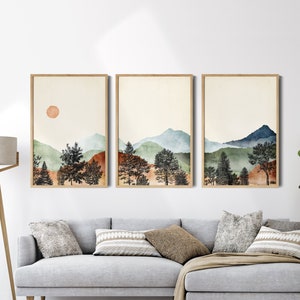 Ensemble d'impression d'art de montagne, art de mur de paysage, impression de montagne d'aquarelle, décor moderne du milieu du siècle, impression d'aquarelle, impressions de Boho, art imprimable