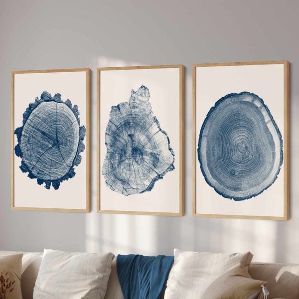 Blue Tree Ring Art, Print Set of 3, Navy Blue Wall Art, Tree Ring Wall Art, Minimalist Prints 3 Piece Wall Art, Modern Abstract Art