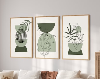 Sage Green Wall Art Set of 3 Prints, Printable Abstract Home Decor, Boho Wall Decor, Living Room Wall Art Dark Green Abstract Wall Print Set
