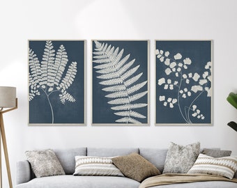 Láminas de arte de pared azul marino, láminas botánicas, juego de arte de pared minimalista, arte de pared imprimible, decoración de pared azul marino