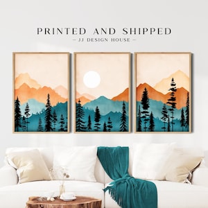 Mountain Wall Art Maximalist Decor, Watercolor Mountain Print, Nature Wall Art, Mountain Poster, Landscape Set Printed Art, 3 Piece Wall Art
