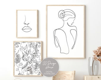 Line Art Woman, Minimalist Wall Art, Feminine Wall Art, Single Line Art Prints, One Line Art Set, Black and White,  Line Drawing Set of 3