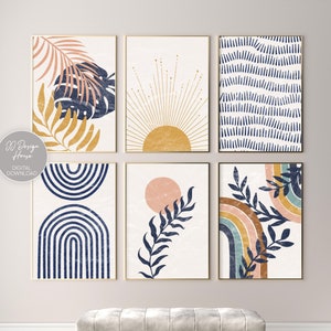 Set da parete con galleria d&#39;arte blu navy, stampe moderne di metà secolo, stampe artistiche da parete in stile boho, stampe artistiche da parete stampabili, decorazioni per la casa boho