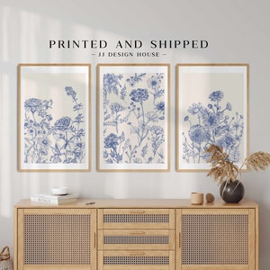 Arte de parede impressa botânica azul Chinoiserie Arte de parede, decoração de parede de 3 peças Arte de parede minimalista, conjunto de impressão botânica