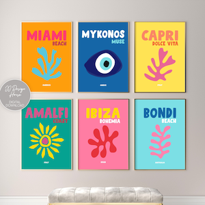 Gallery Wall Set, Travel Art Prints Set of 6, Colorful Wall Art, Maximalist Decor, Dorm Decor, Apartment Decor Bundel, Miami Travel Print