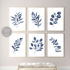 Indigo Blue Botanical Prints Set of 6, Navy Blue Wall Art Gallery Wall Set, Navy Blue Leaves, Navy Blue Decor, Printable Wall Art