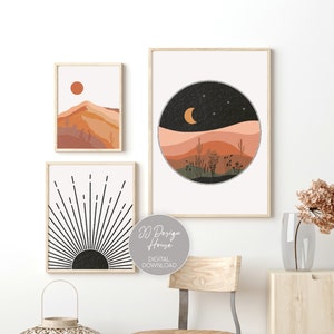 Desert Print Set, Sun and Moon Print, Mid Century Modern Art, Living Room Decor, Art Print Set of 3, Mid Century Poster Apartment Wall Decor