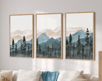 Blue Mountain Wall Art, Abstract Mountain Print Set, 3 Piece Wall Art, Landscape Print Set, Modern Home Decor, Printable Triptych