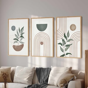 Salbeigrüne Wandkunst 3er Set, druckbare abstrakte Wohnkultur, grüne botanische Drucke, Wohnzimmer Wandkunst Grünes abstraktes Druckset
