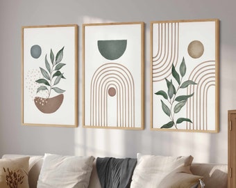 Sage Green Wall Art Set of 3 Prints, Printable Abstract Home Decor, Green Botanical Prints,  Living Room Wall Art Green Abstract Print Set