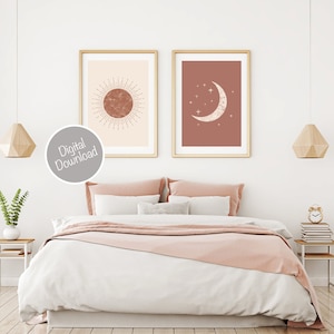 Sun and Moon Art Print Boho Decor Set of 2, Abstract Moon Sun Nursery Prints, Minimal Wall Art, Minimalist Art, Above Bed Decor, Bedroom Art