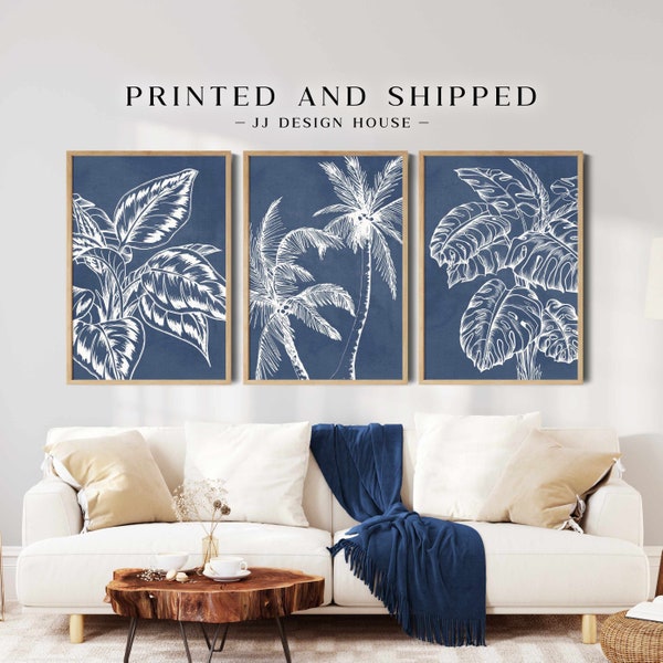 Large Wall Art, Blue Tropical Art Nature Prints, Triptych Wall Art, Printed Wall Art, Botanical Wall Art, 3 Piece Wall Art