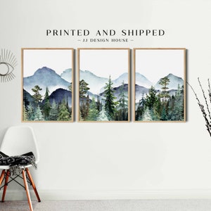 Blue Watercolor Painting Mountain Wall Art, Watercolor Mountain Print, Blue Nature Wall Art Landscape Set Printed Art, 3 Piece Wall Art