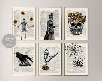 Puede incluir: Conjunto de seis ilustraciones imprimibles de temática de Halloween que presentan un esqueleto haciendo malabares con calabazas, una mujer con un vestido victoriano, una calavera con flores, un cuervo, un murciélago que lleva una calabaza y una araña en una telaraña. Cada ilustración está impresa sobre un fondo de página de libro antiguo.