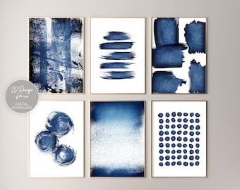 Galería de acuarelas abstractas, arte mural azul, impresiones grandes en azul marino, arte mural minimalista, conjunto de 6 impresiones, impresiones para el hogar