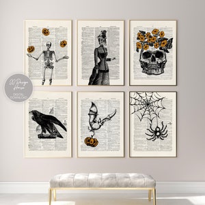 Vintage Halloween Decor Set of 6 Prints, DIY Halloween Decor, Halloween Prints, Spooky Halloween Art, Skeleton Print, Funny Halloween Print