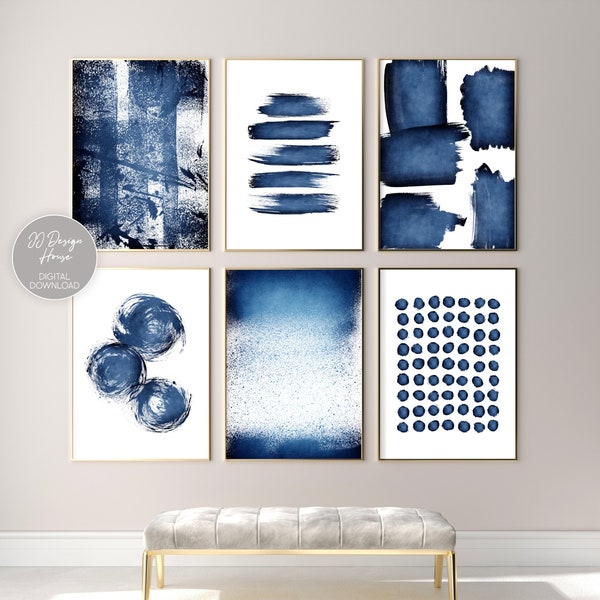 Abstract Watercolor Gallery Set Wall Art, Blue Wall Art, Large Navy Blue Prints, Minimalist Wall Art, Set of 6 Prints, Home Prints