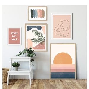 DIGITAL, Beach Wall Decor, Boho Gallery Set of 5, Surf Art Print, Sunset Wall Art, Blush Pink Decor, Palm Leaves Print, Line Art Print