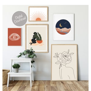 Boho Gallery Wall Set of 5 Prints, Above Bed Decor, Boho Decor Wall Art, Burnt Orange, Bedroom Wall Over the Bed, Line Art Woman Printable