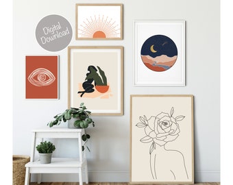 Boho Gallery Wall Set of 5 Prints, Above Bed Decor, Boho Decor Wall Art, Burnt Orange, Bedroom Wall Over the Bed, Line Art Woman Printable