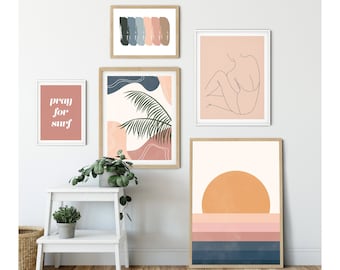 DIGITAL, Beach Wall Decor, Boho Gallery Set of 5, Surf Art Print, Sunset  Wall Art, Blush Pink Decor, Palm Leaves Print, Line Art Print